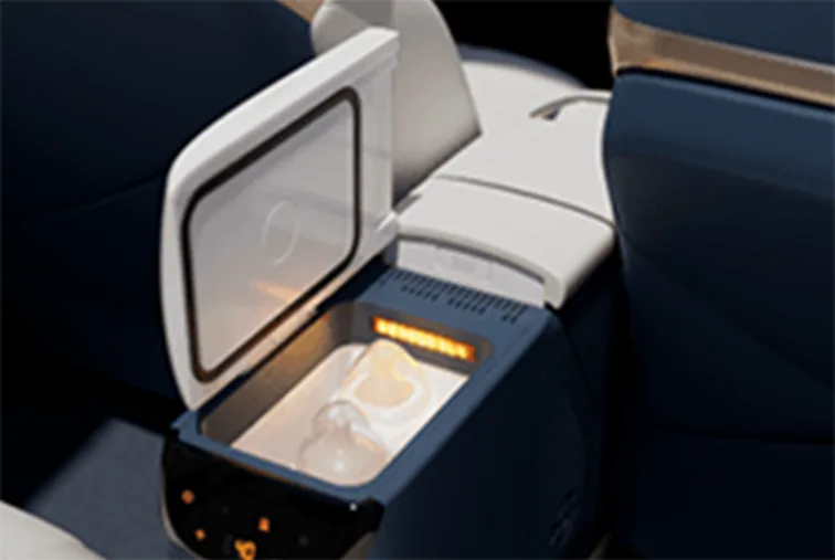 Car refrigerator installed between vehicle seats with the lid open