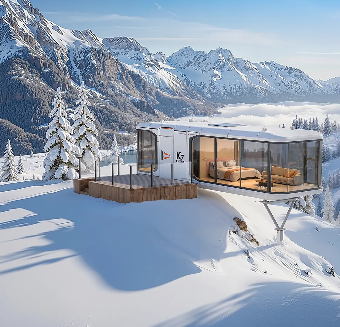Zcamp capsule cabin in a snowy mountain campsite setting